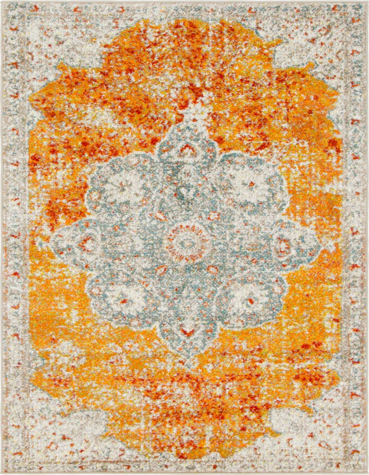 A 4x6 rectangular Veneto rug featuring a distressed orange and teal medallion pattern on a cream background.