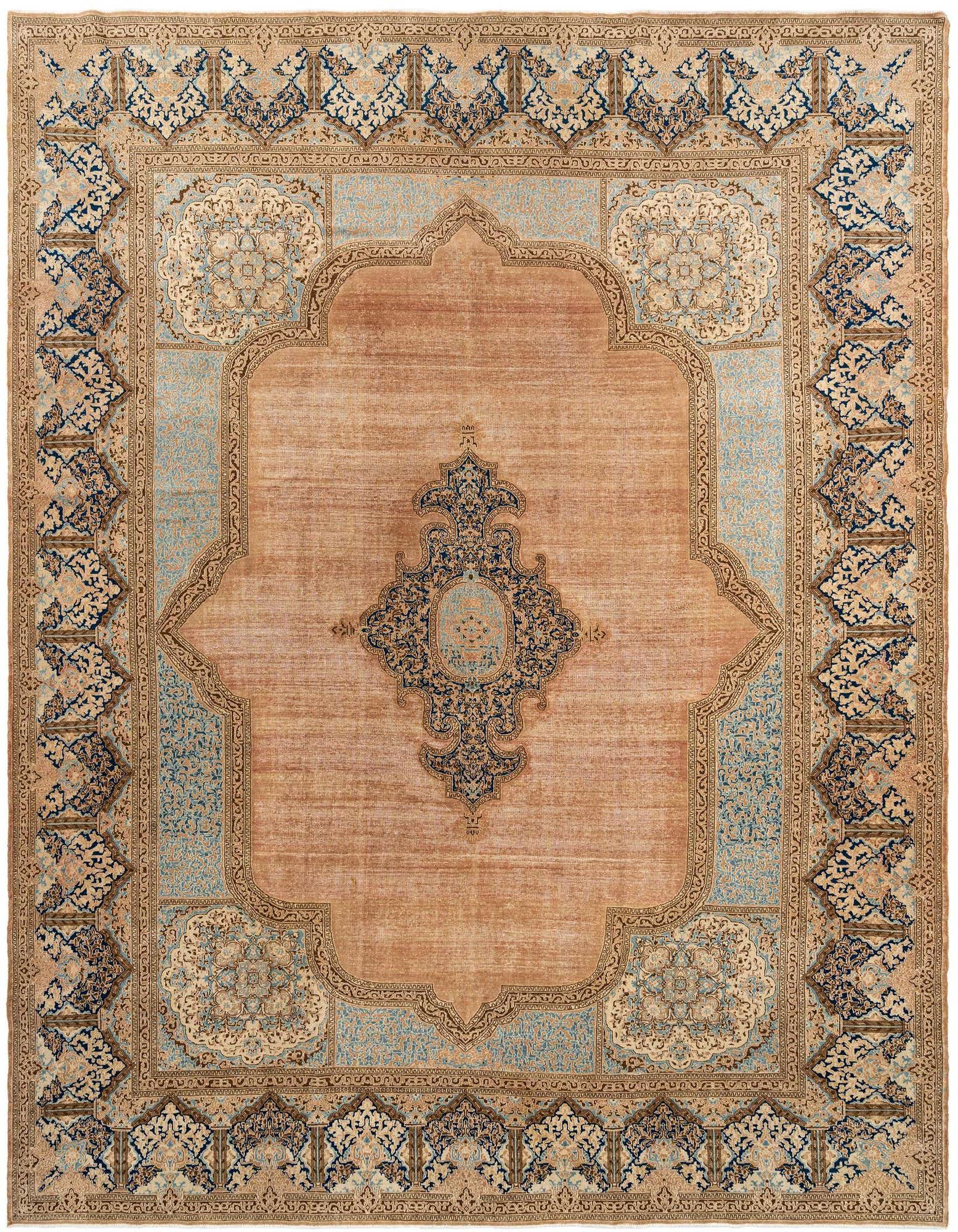 A 10x13 rectangular Vintage Royal rug in shades of orange with intricate blue and beige traditional patterns.