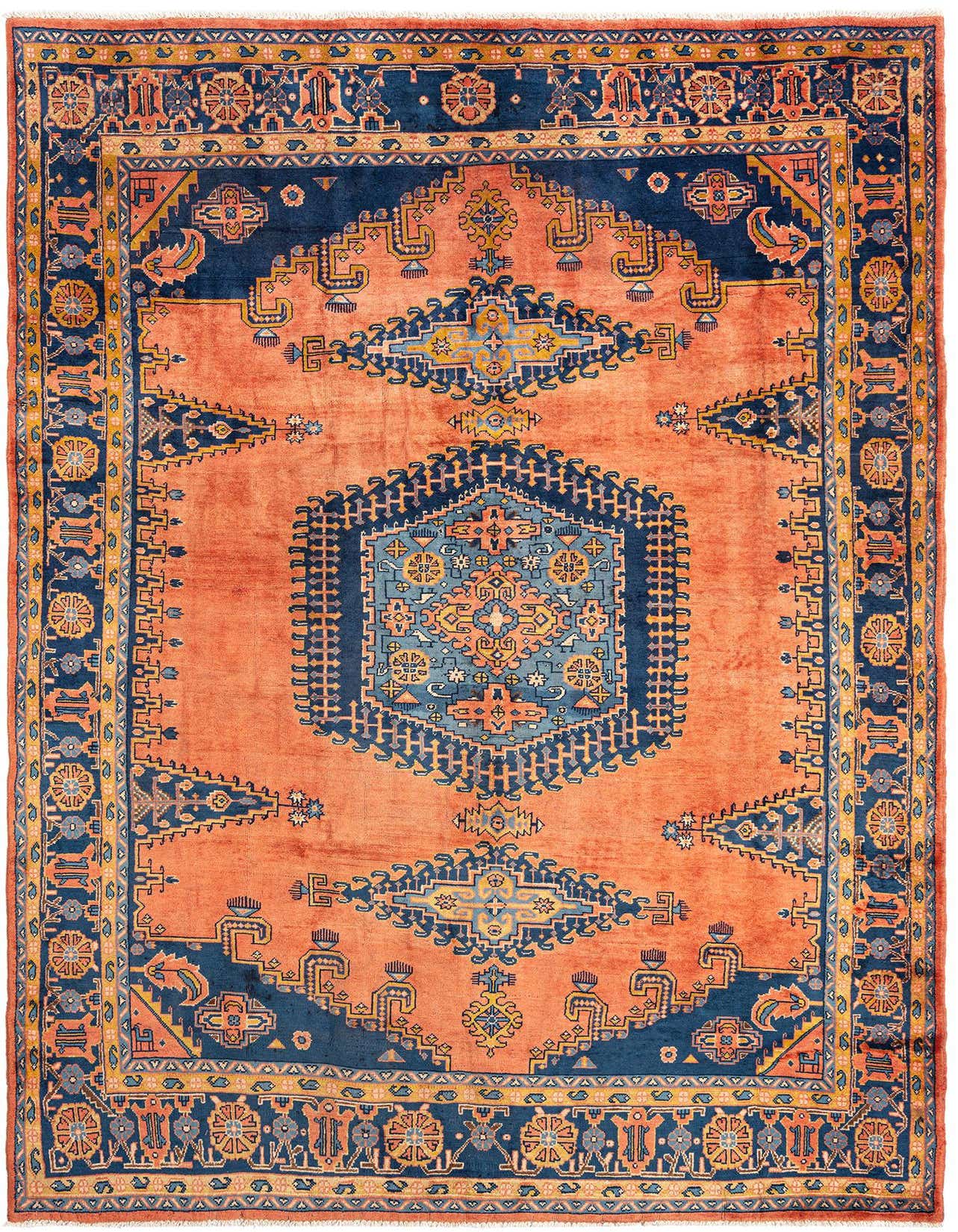 A 7x10 rectangular Viss rug featuring a vibrant orange field with intricate navy blue and light blue Persian tribal patterns.