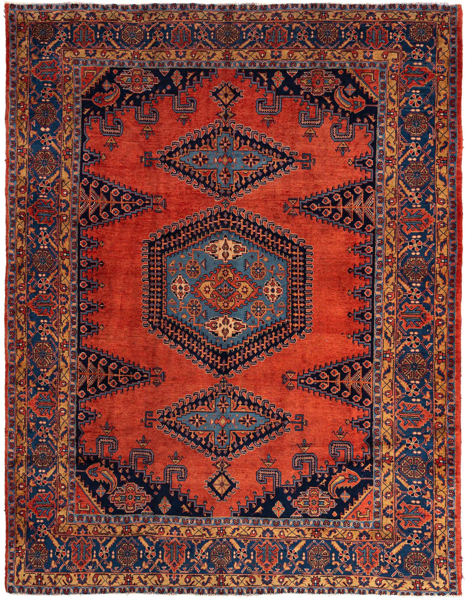 A 9x12 rectangular orange Persian rug with a tribal pattern, featuring a central blue medallion and intricate border designs.