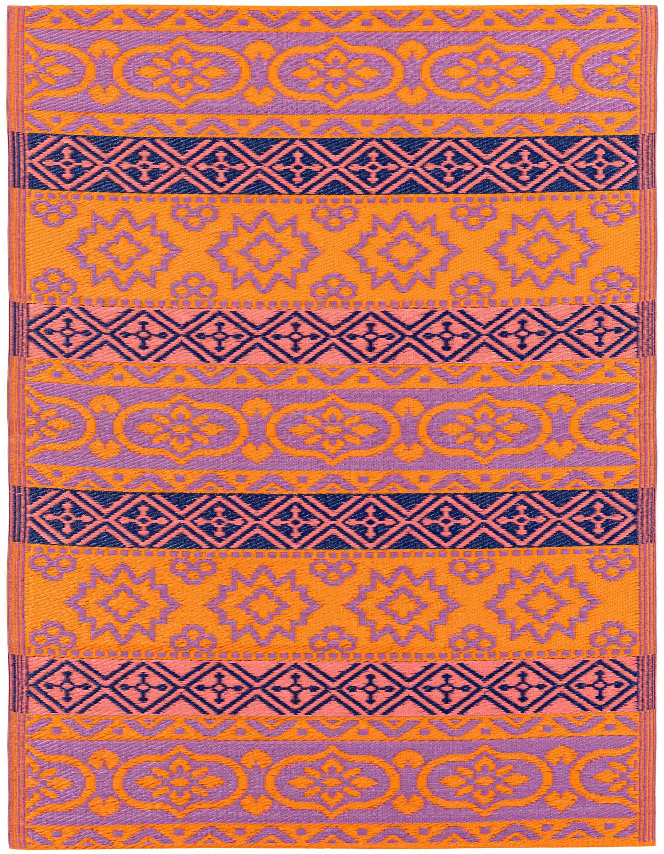 A vibrant 4x6 rectangular rug featuring orange, purple, and navy blue traditional and modern patterns, suitable for indoor or outdoor use.