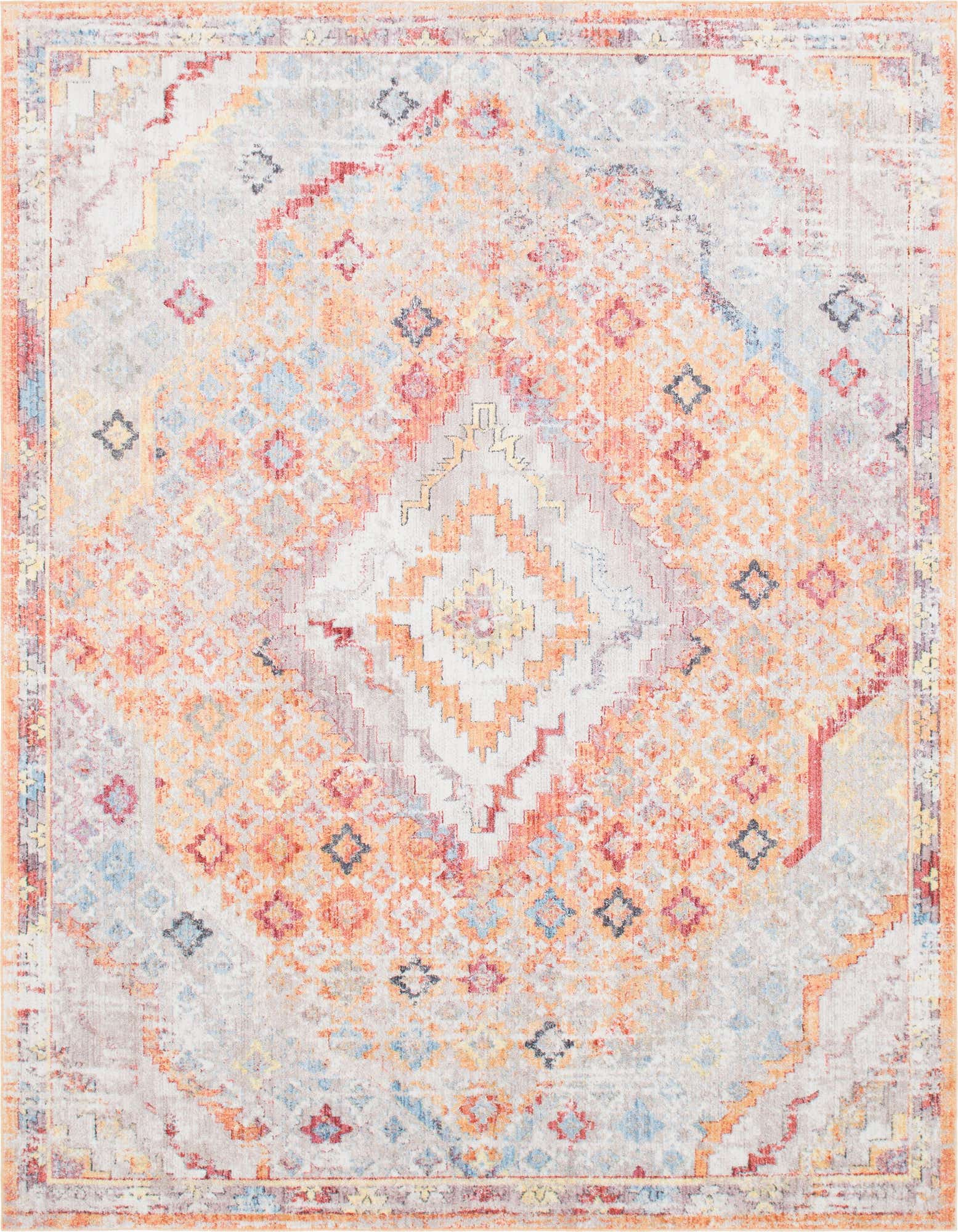 A 9x12 rectangular bohemian area rug featuring a distressed medallion pattern in vibrant oranges, blues, and reds on a light grey background.