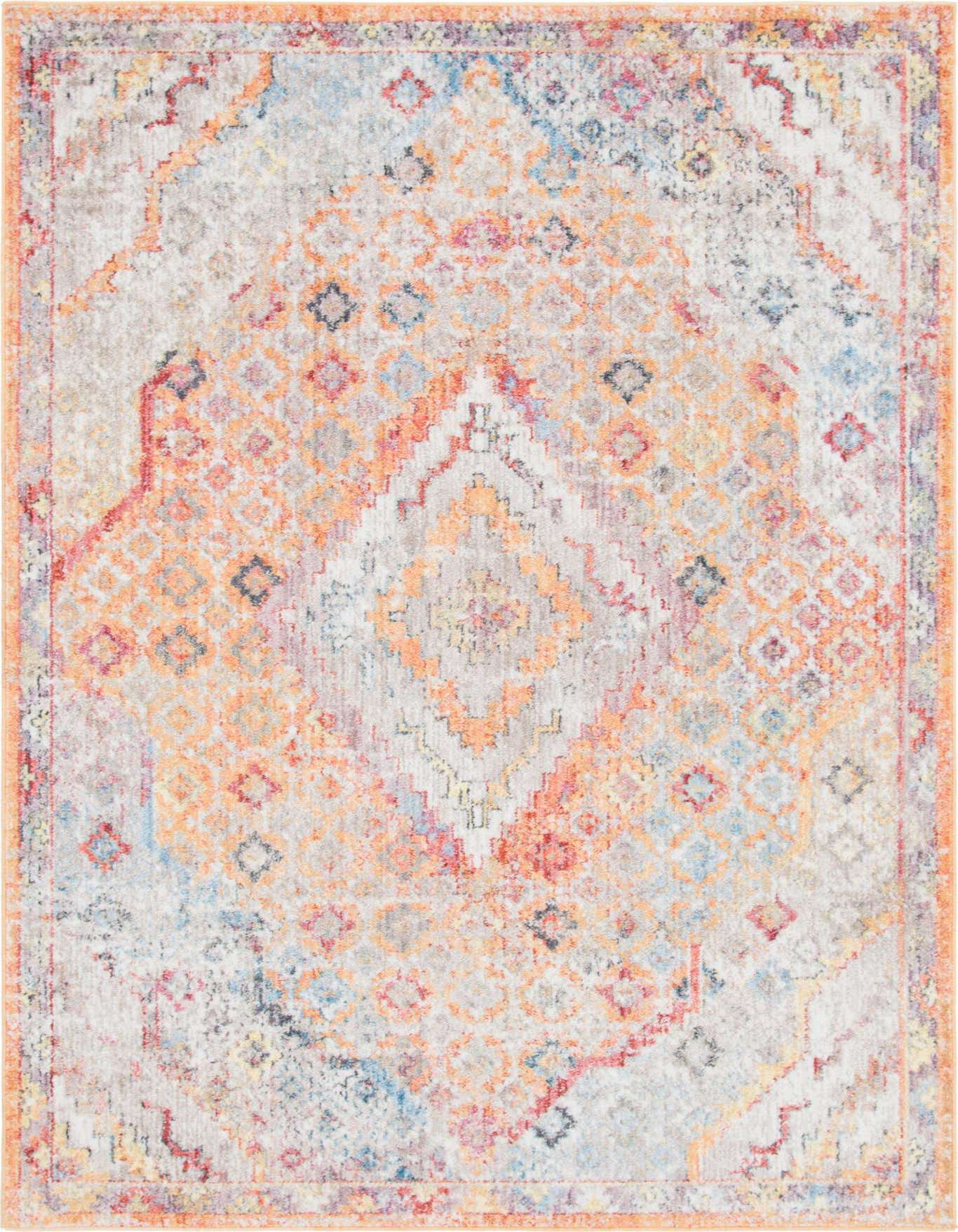 A 5x8 rectangular bohemian rug with a distressed medallion pattern in vibrant oranges, blues, and grays.