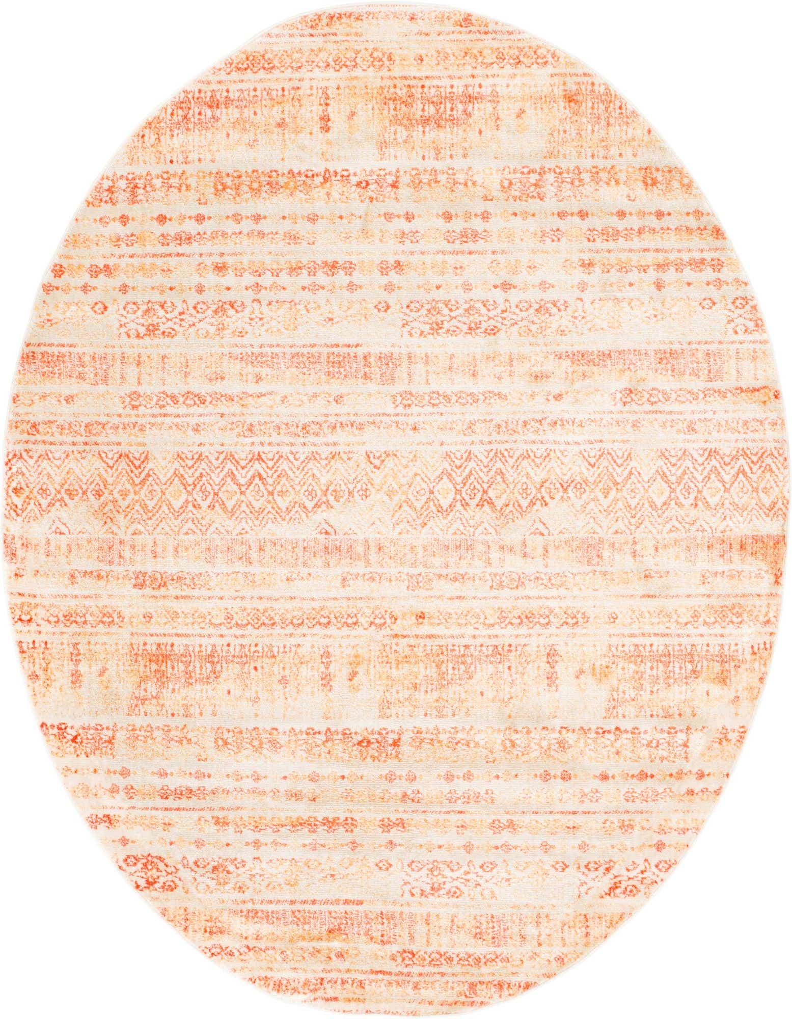 A round orange and cream bohemian rug with distressed stripe patterns, ideal for adding warmth to any indoor space.