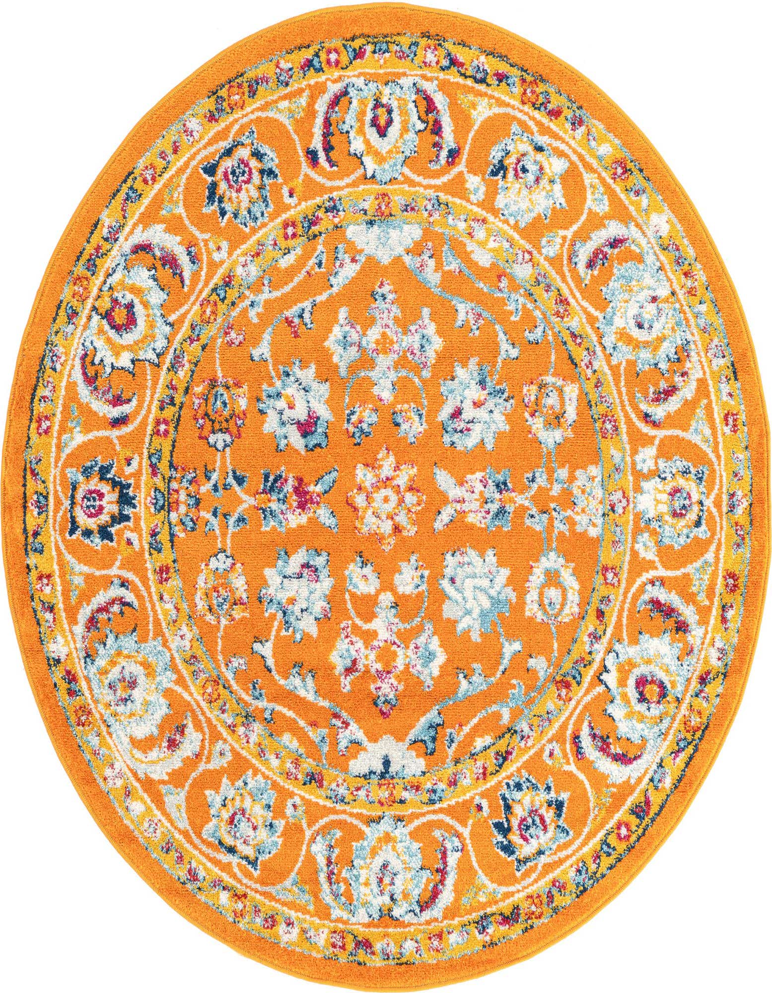 A 5' round orange rug with a traditional botanical pattern in light blue, white, and red, featuring a detailed floral border.