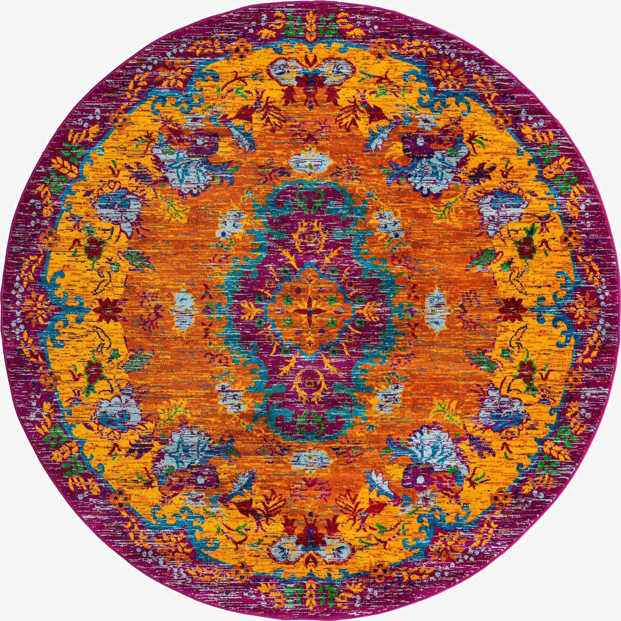 A vibrant 7'10" round orange rug with a traditional medallion and botanical pattern in blue, yellow, and purple.