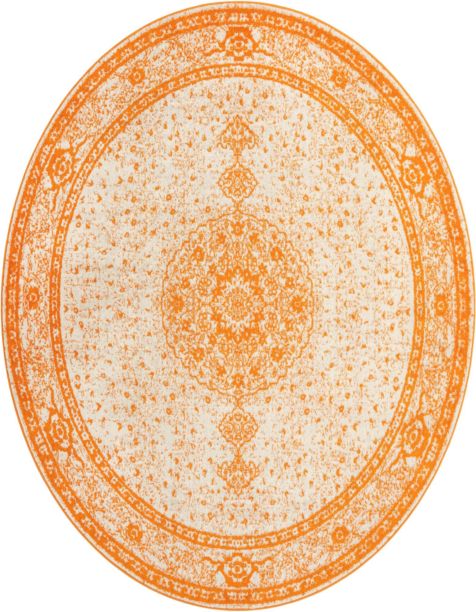A 10-foot round orange and cream rug with a distressed traditional medallion and border pattern.