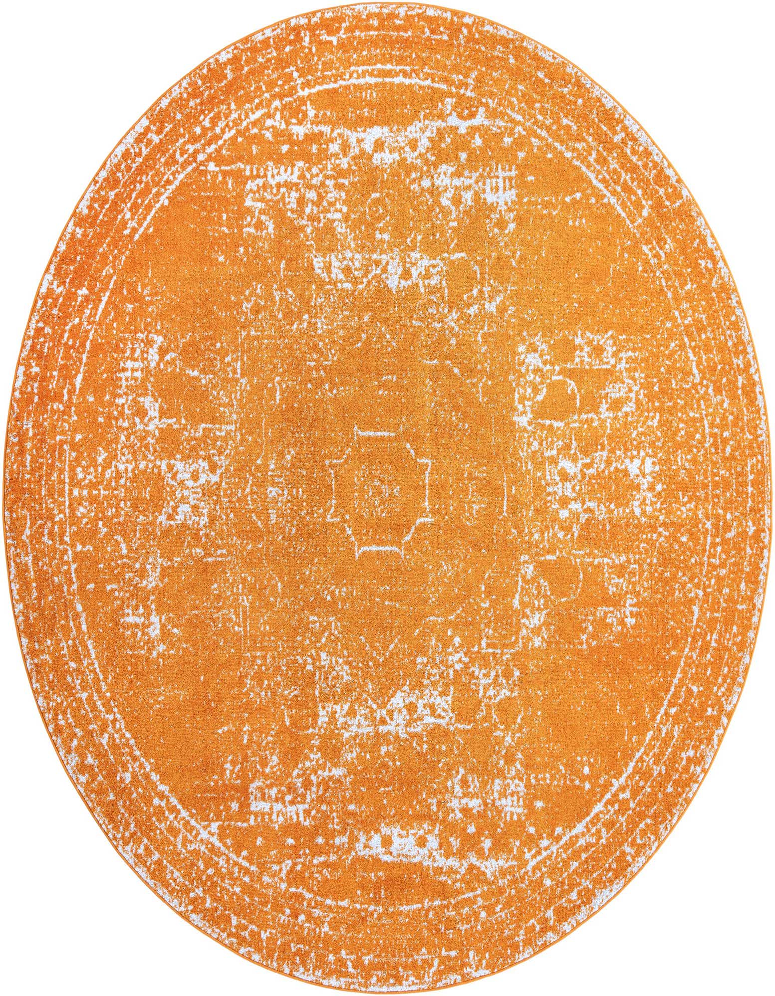 A 10-foot round orange rug with a distressed, faded white traditional pattern, suitable for a patio.