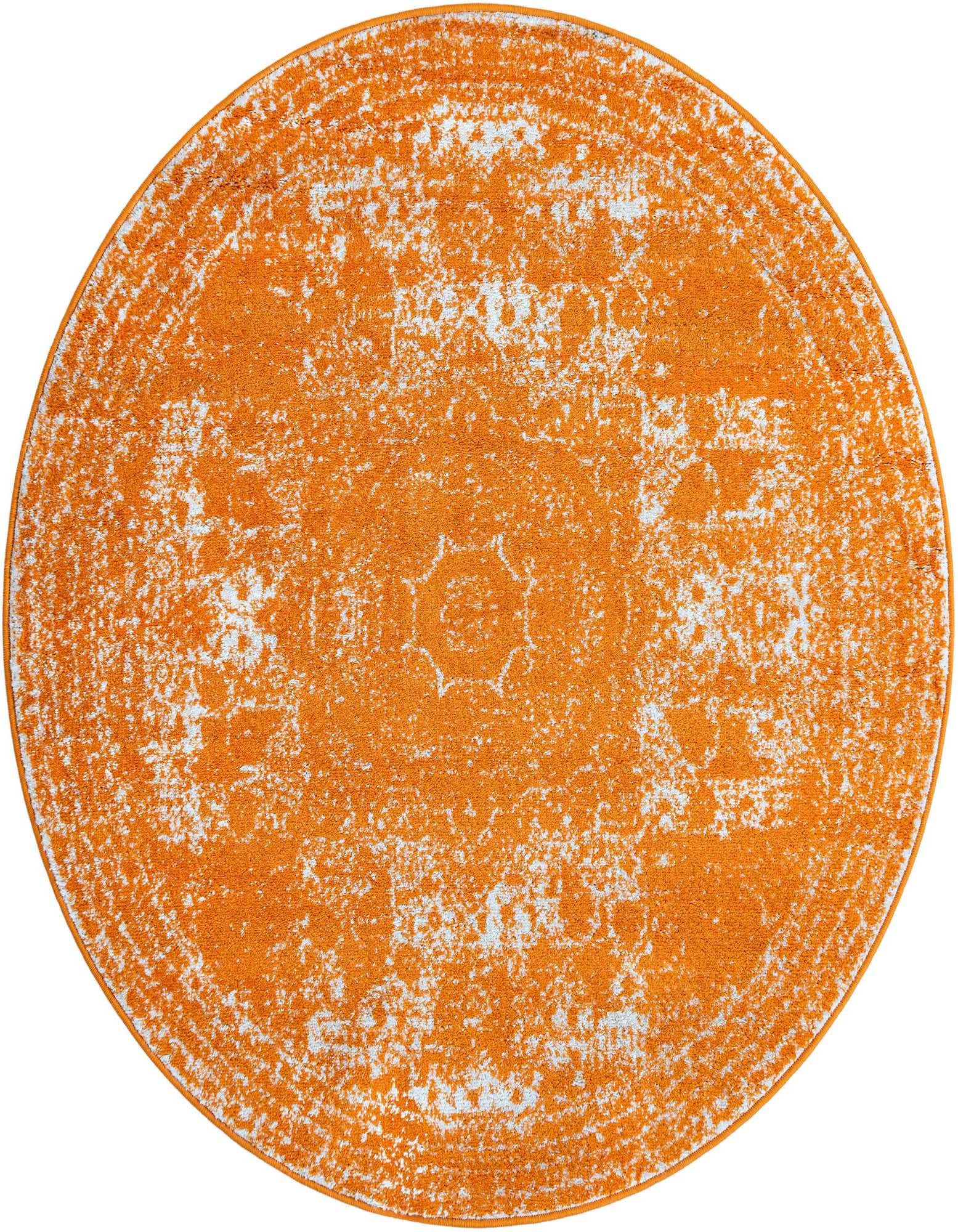 A 5' 3 round orange rug with a distressed white pattern, suitable for indoor use.