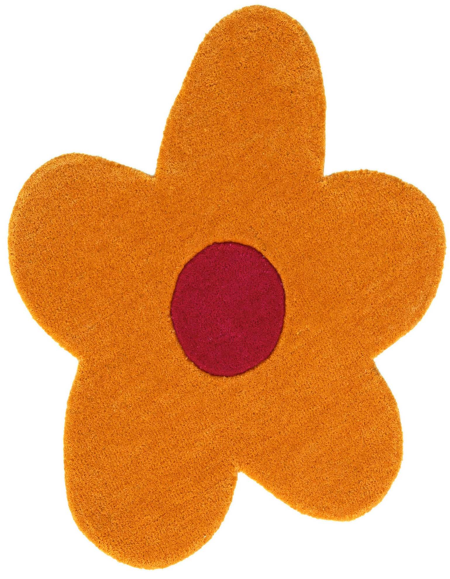 A vibrant orange flower-shaped rug with a deep red center, featuring a high, textured wool pile.