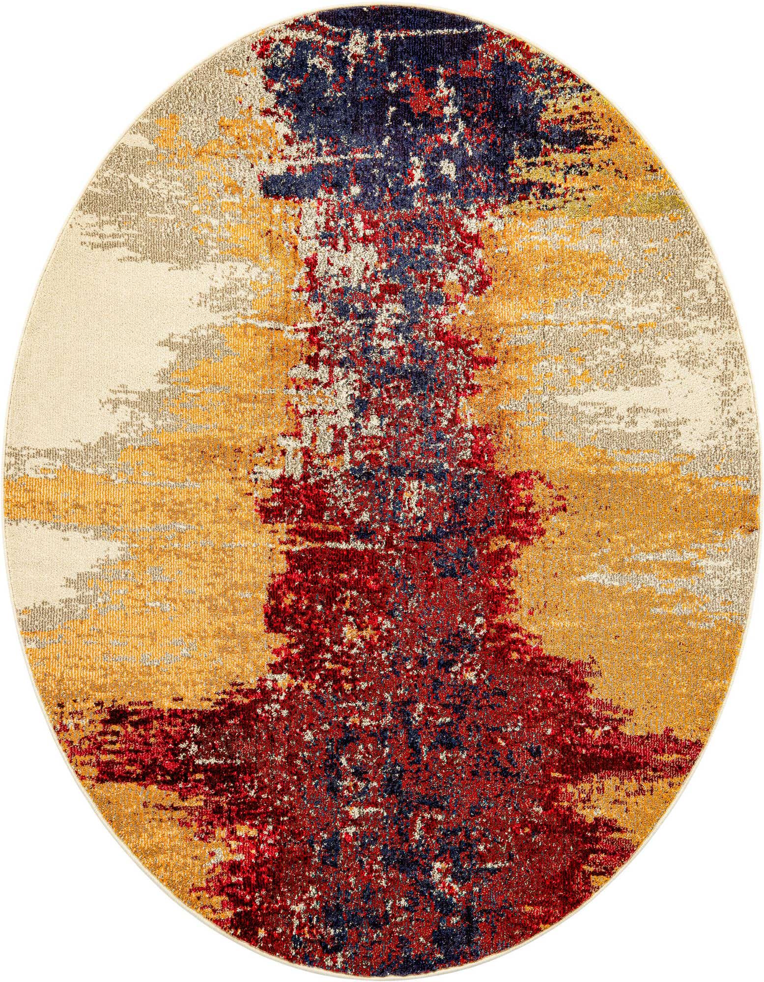 A 6' round orange, red, and blue abstract rug with a modern bohemian design on a light background.