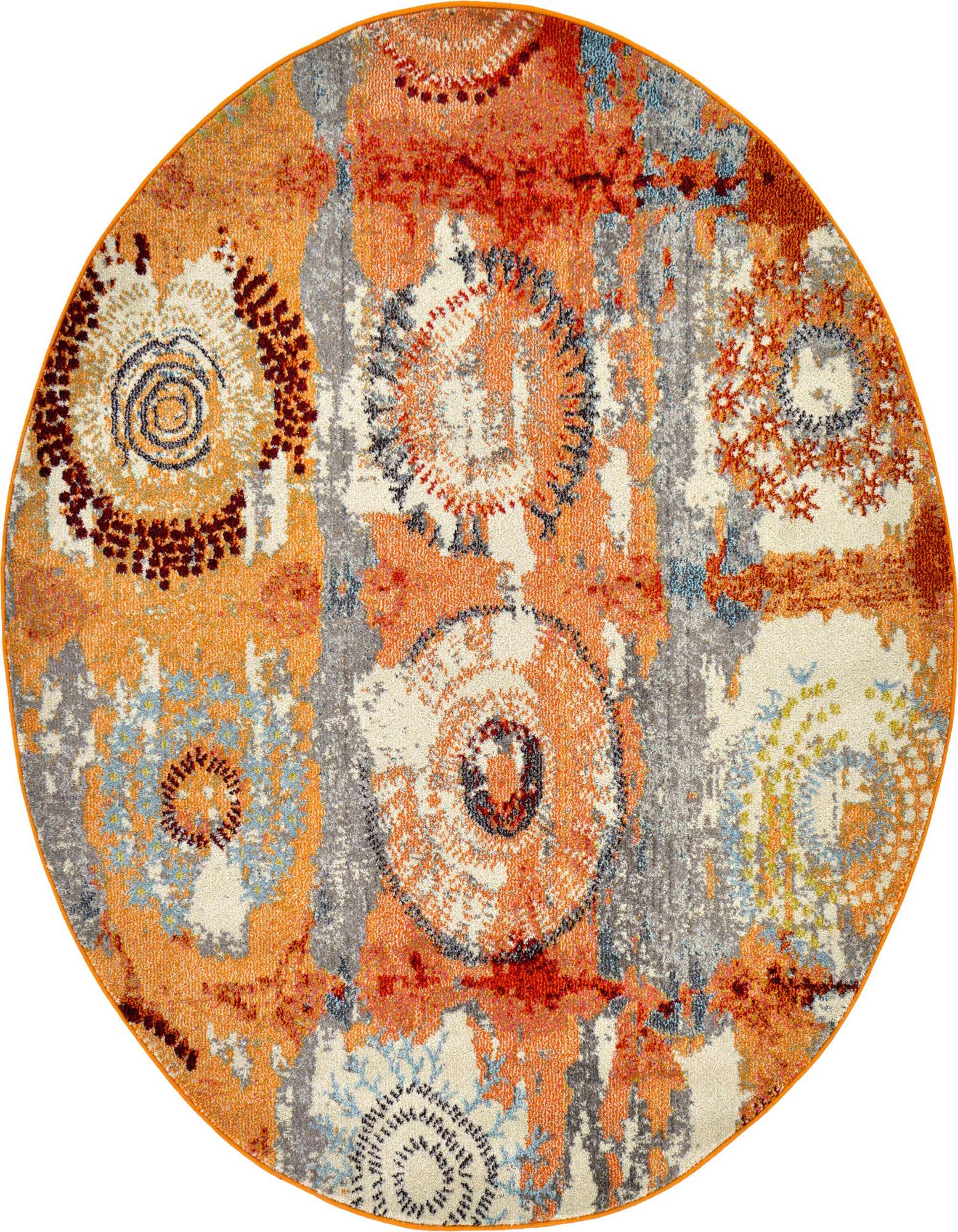 A 6-foot round orange and gray modern botanical rug with abstract floral patterns in shades of red, blue, and cream.