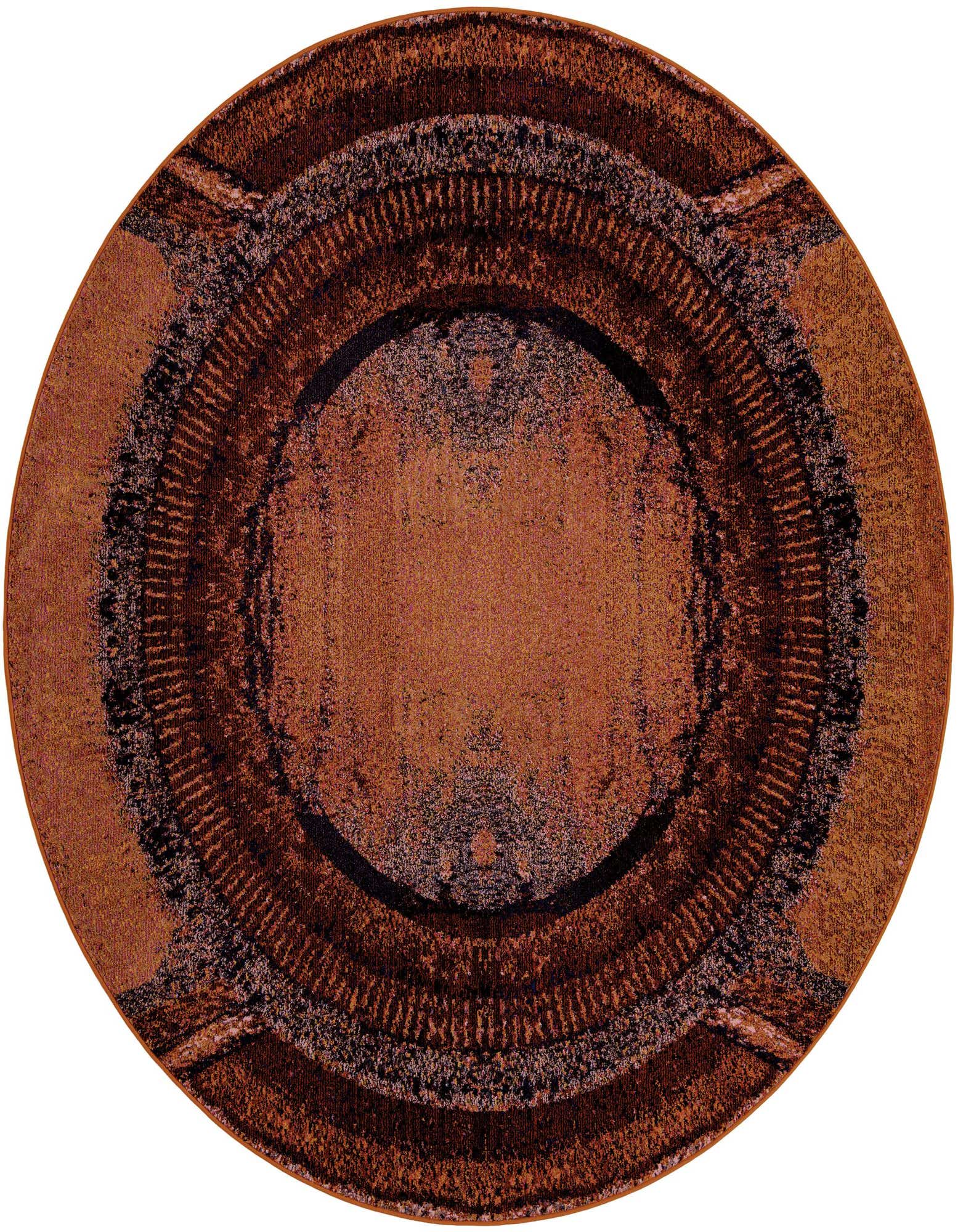 A round, 8' orange and brown abstract rug with a rustic, modern pattern, suitable for various indoor spaces.