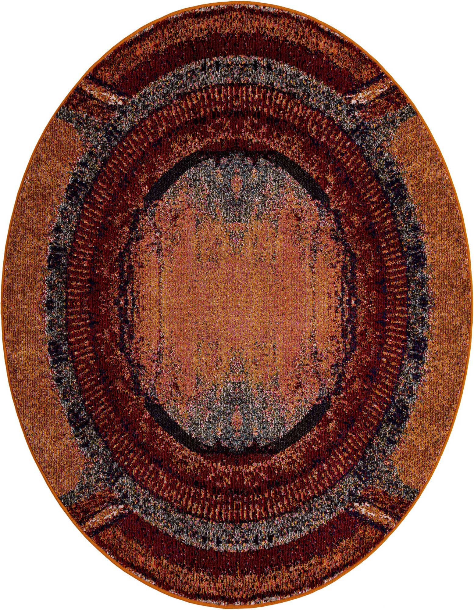 A 6' round orange modern abstract rug with concentric rings of rust, gray, and black, featuring a medium pile.