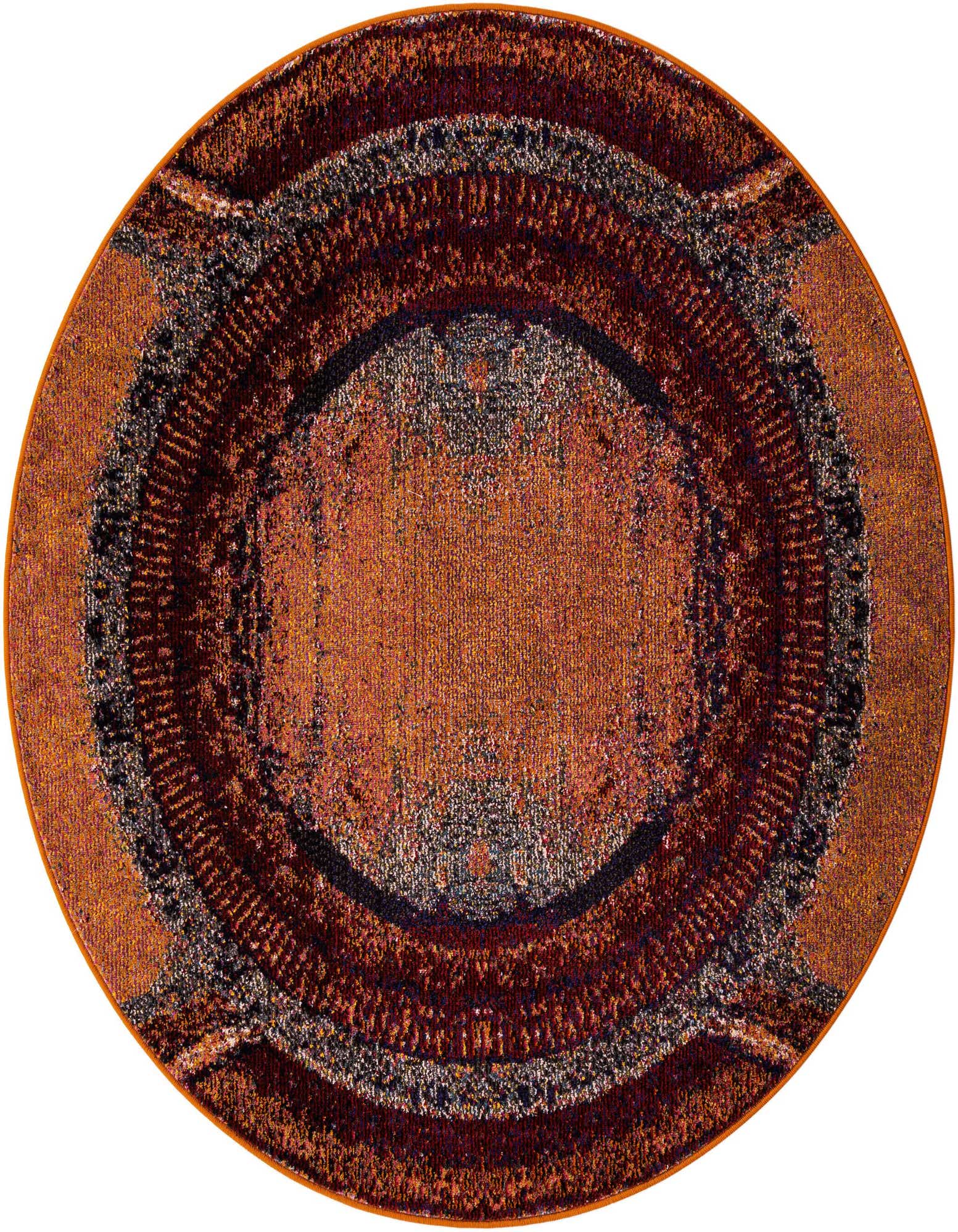 A 4' round orange modern abstract rug with concentric circles in varying shades of orange, black, and brown.