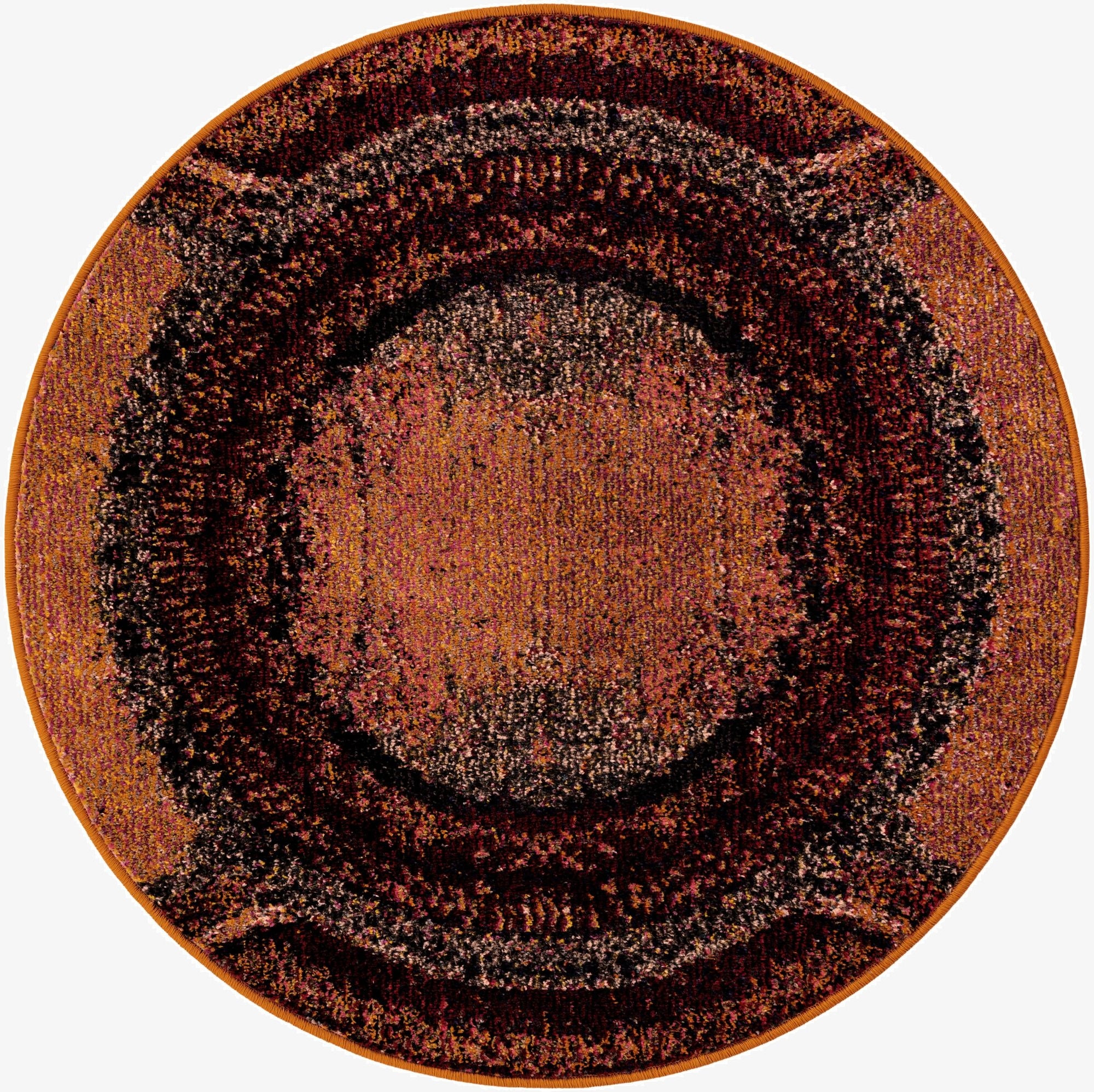 A 3' 3 x 3' 3 round modern abstract rug in shades of orange, rust, and dark gray, featuring concentric circles.