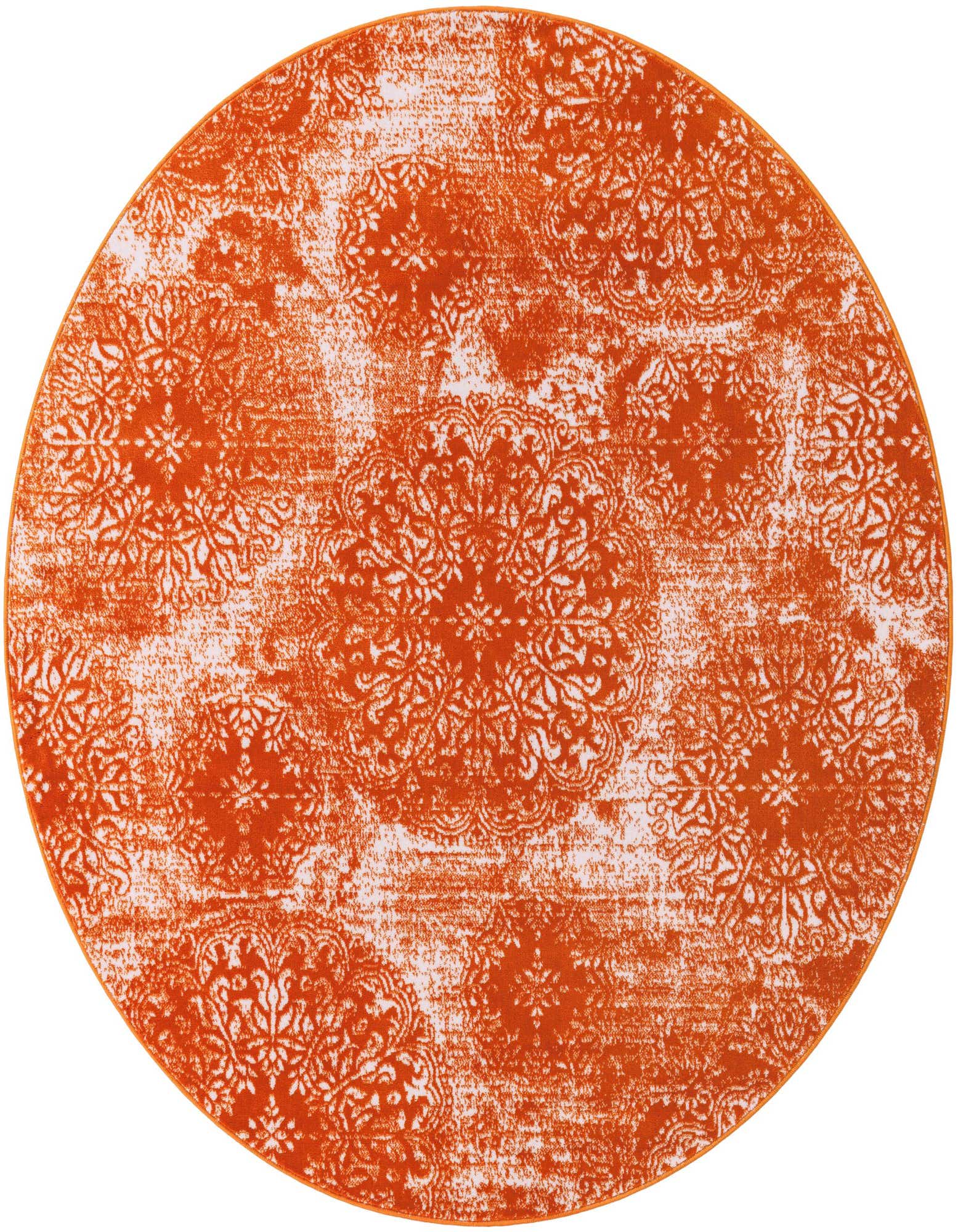 A 7' round orange and white rug with a distressed traditional floral medallion pattern, perfect for an indoor living space.