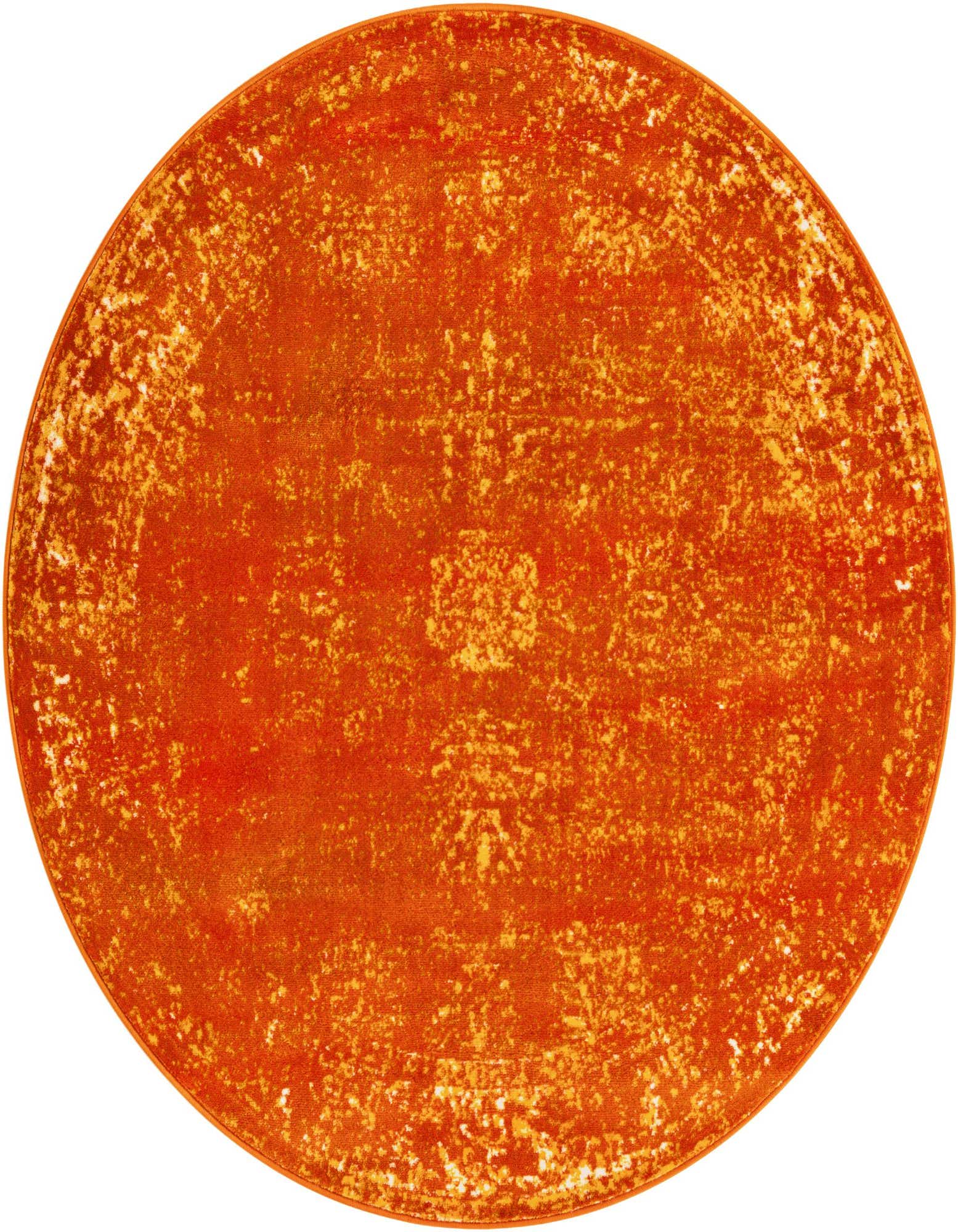 A 5' 3 round orange area rug featuring a distressed bohemian medallion pattern, suitable for indoor spaces.