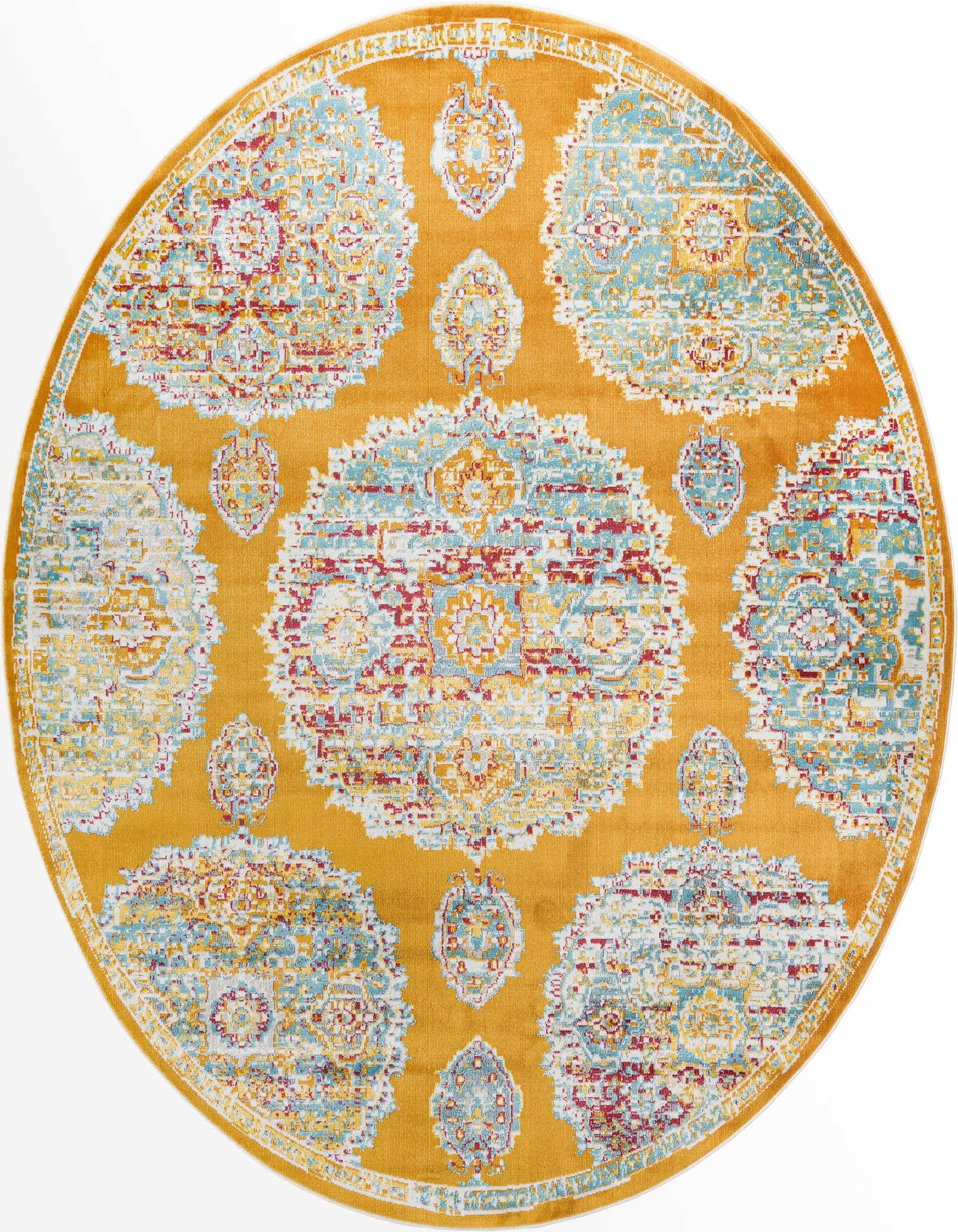 A round 5' 5 x 5' 5 orange rug with a distressed Bohemian floral pattern in teal, red, and yellow.