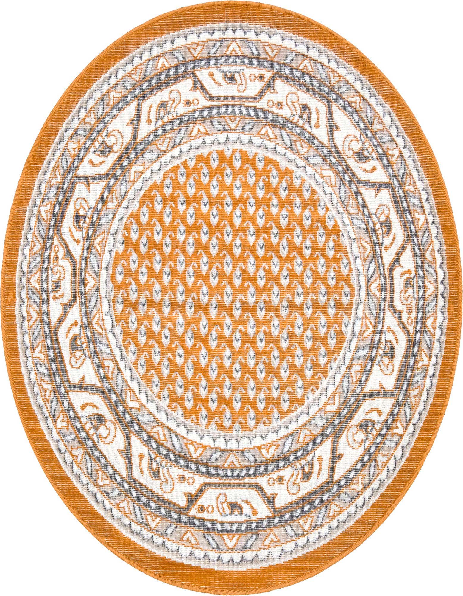 A 3' 7 x 3' 7 round orange rug with a Southwestern pattern, featuring a central oval of small white and gray motifs, surrounded by concentric borders of traditional tribal designs in white, gray, and darker orange.