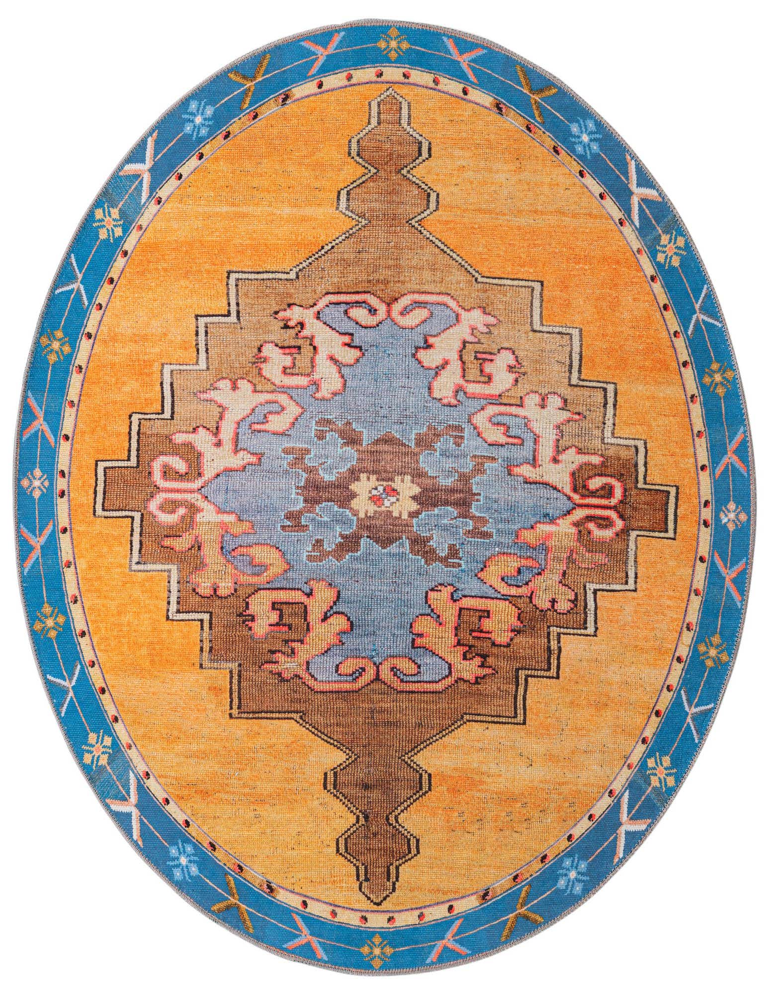A 5' 0 x 5' 0 round orange vintage rug with a blue border and central medallion design.