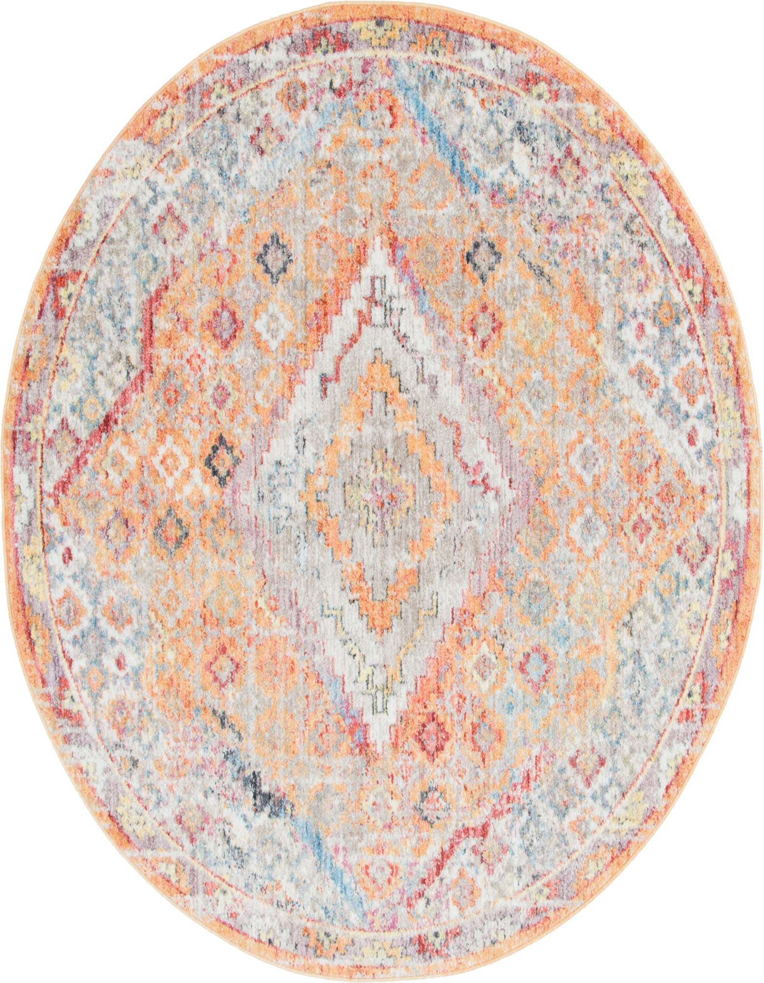A 6' round orange Bohemian medallion rug with distressed multi-color accents, perfect for adding a vintage touch to any indoor space.