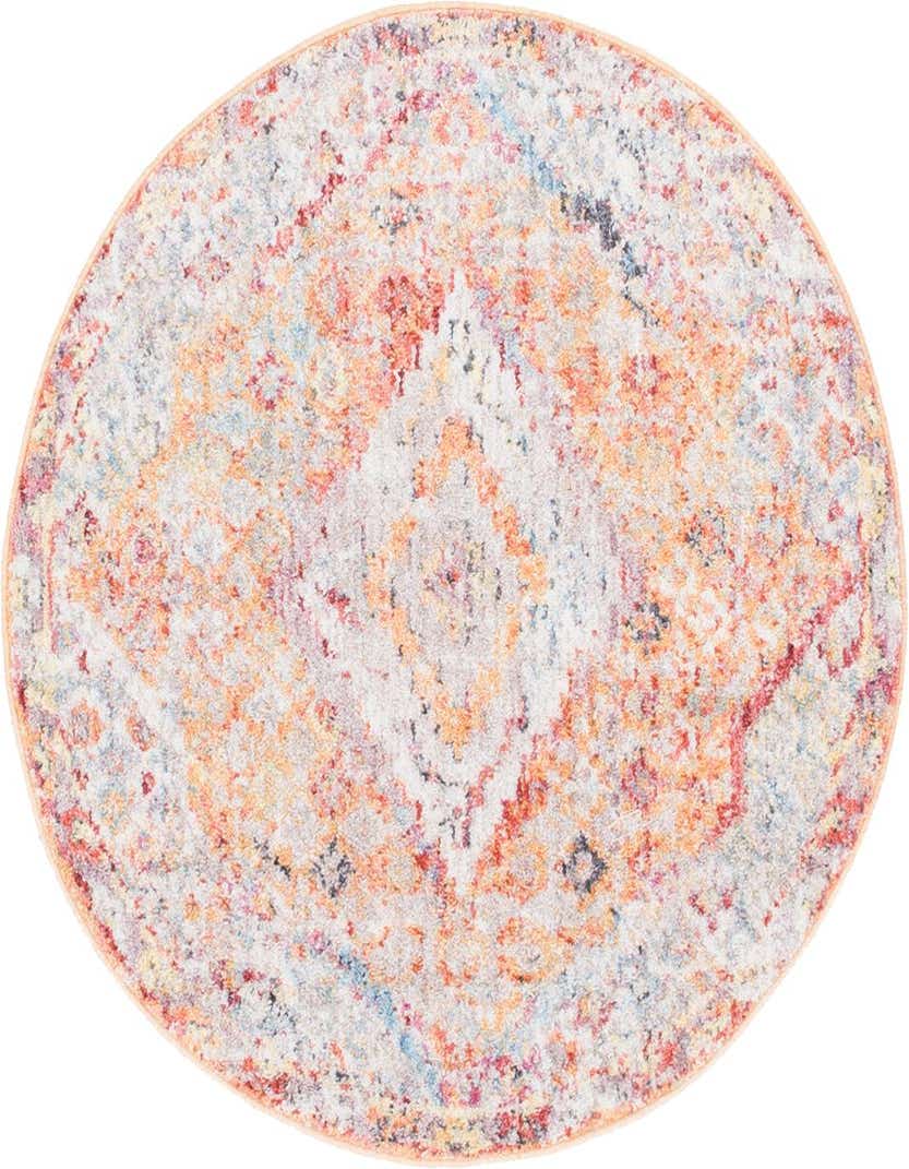 A 3' 3 x 3' 3 round orange Bohemian rug from the Rugs.com Williamsburg collection, featuring a distressed medallion pattern.