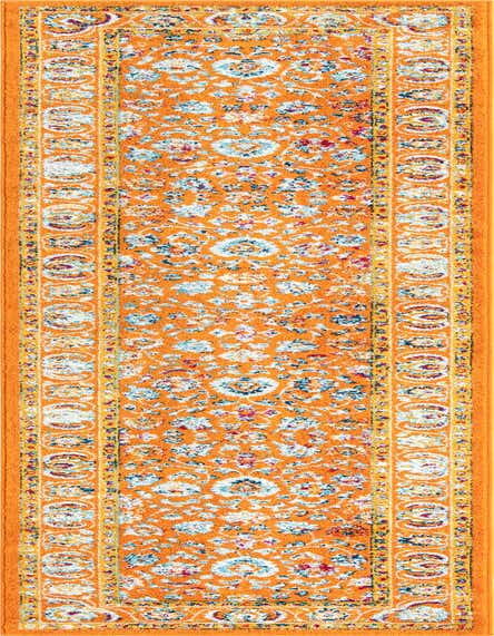 A 12 ft orange runner rug with a distressed traditional botanical pattern in light blue, white, and red, perfect for a hallway.