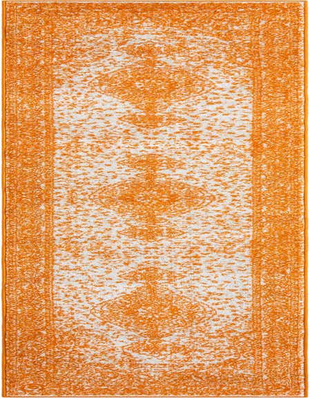 A long 12 ft orange and white runner rug with a distressed traditional pattern, ideal for a hallway or patio.