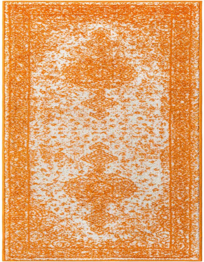 A 6 ft runner rug in vibrant orange and white with a distressed traditional pattern, ideal for hallways or kitchens.