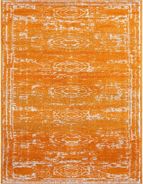 A vibrant orange 12 ft runner rug with a distressed white medallion pattern, ideal for a hallway.