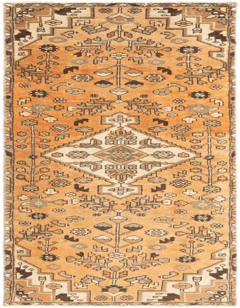 An 8 ft orange tribal runner rug with a central diamond medallion and intricate traditional patterns, ideal for a hallway or kitchen.