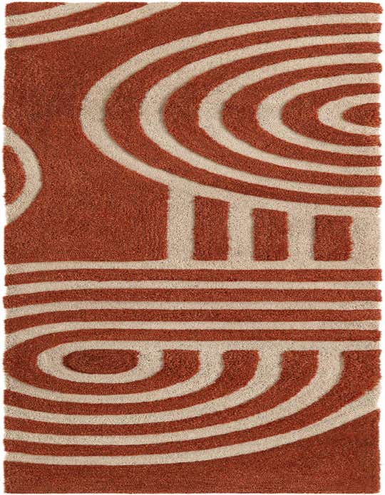 A close-up of an 8 ft runner rug featuring a bold, abstract pattern of thick terracotta orange and cream-colored stripes and arcs.