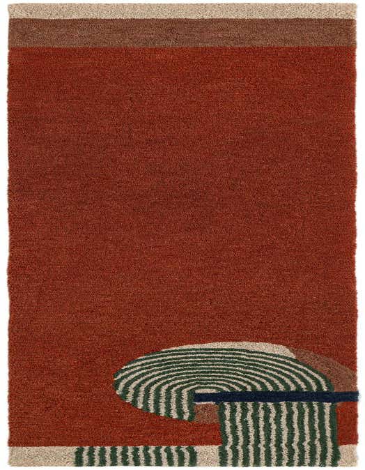 An 8 ft runner rug in shades of orange with a modern abstract pattern featuring curved and striped elements in green, beige, and navy at one end.
