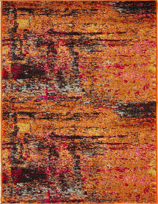 A 7 ft runner rug in an abstract pattern with shades of orange, red, black, and hints of grey, ideal for a hallway.