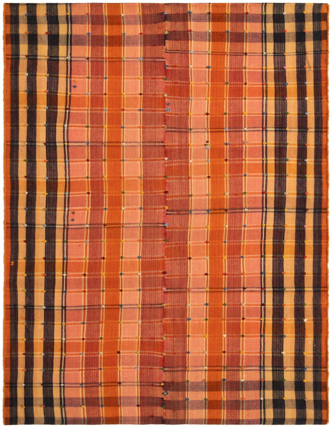 A handmade Jajim 8 Ft Runner rug featuring a vibrant plaid pattern in various shades of orange, black, and tan, accented with small colorful dots.