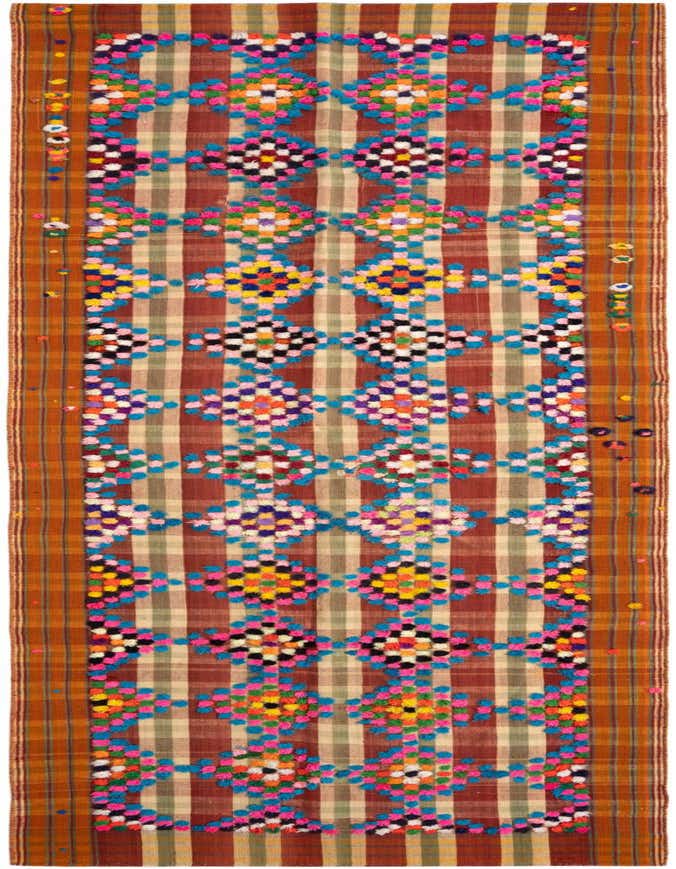 A 12 ft Jajim runner rug with a plaid background in oranges and beige, featuring colorful Persian-style diamond patterns.