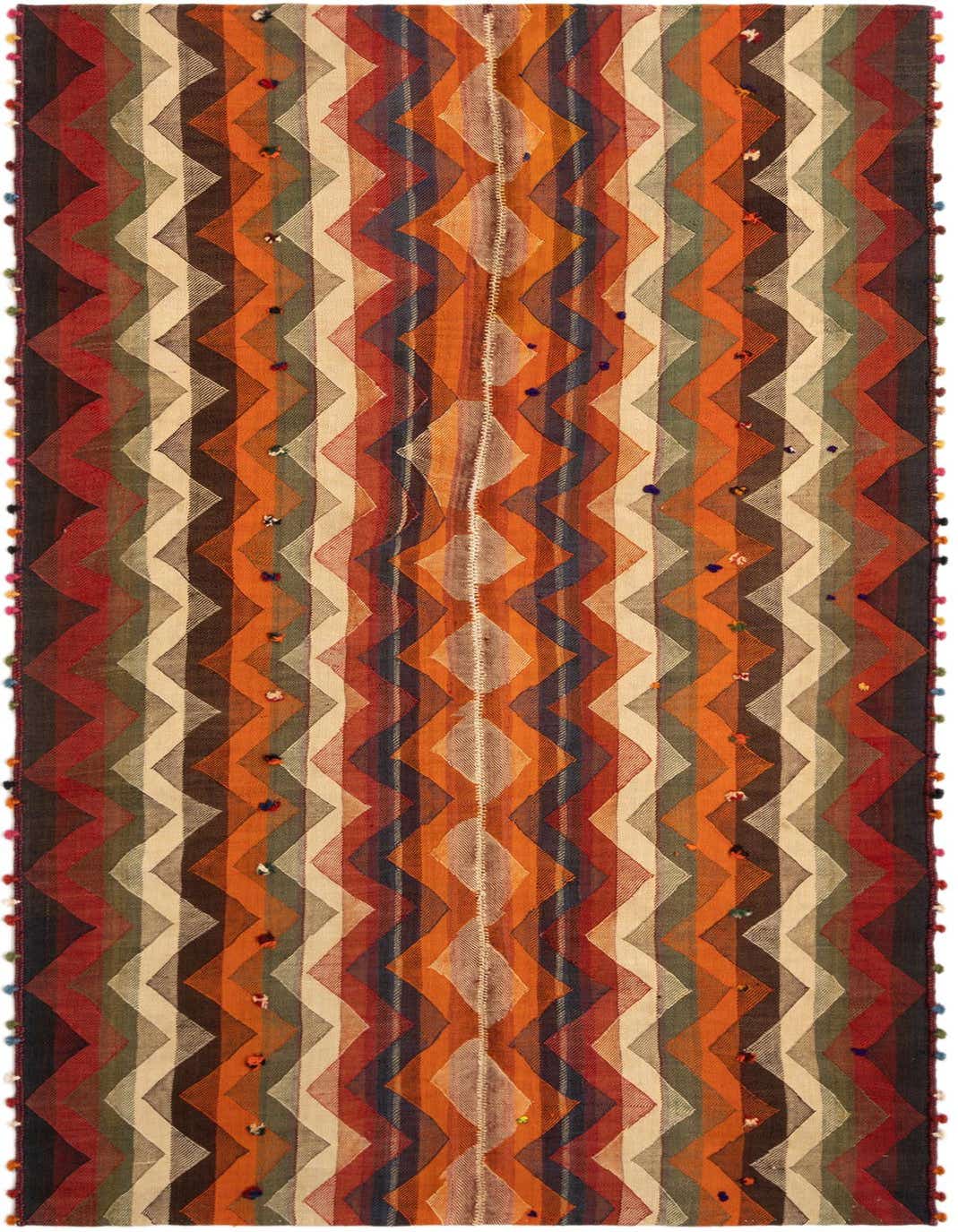 A handmade 8 ft Jajim runner rug featuring a vibrant Persian geometric pattern in shades of orange, red, green, and cream.