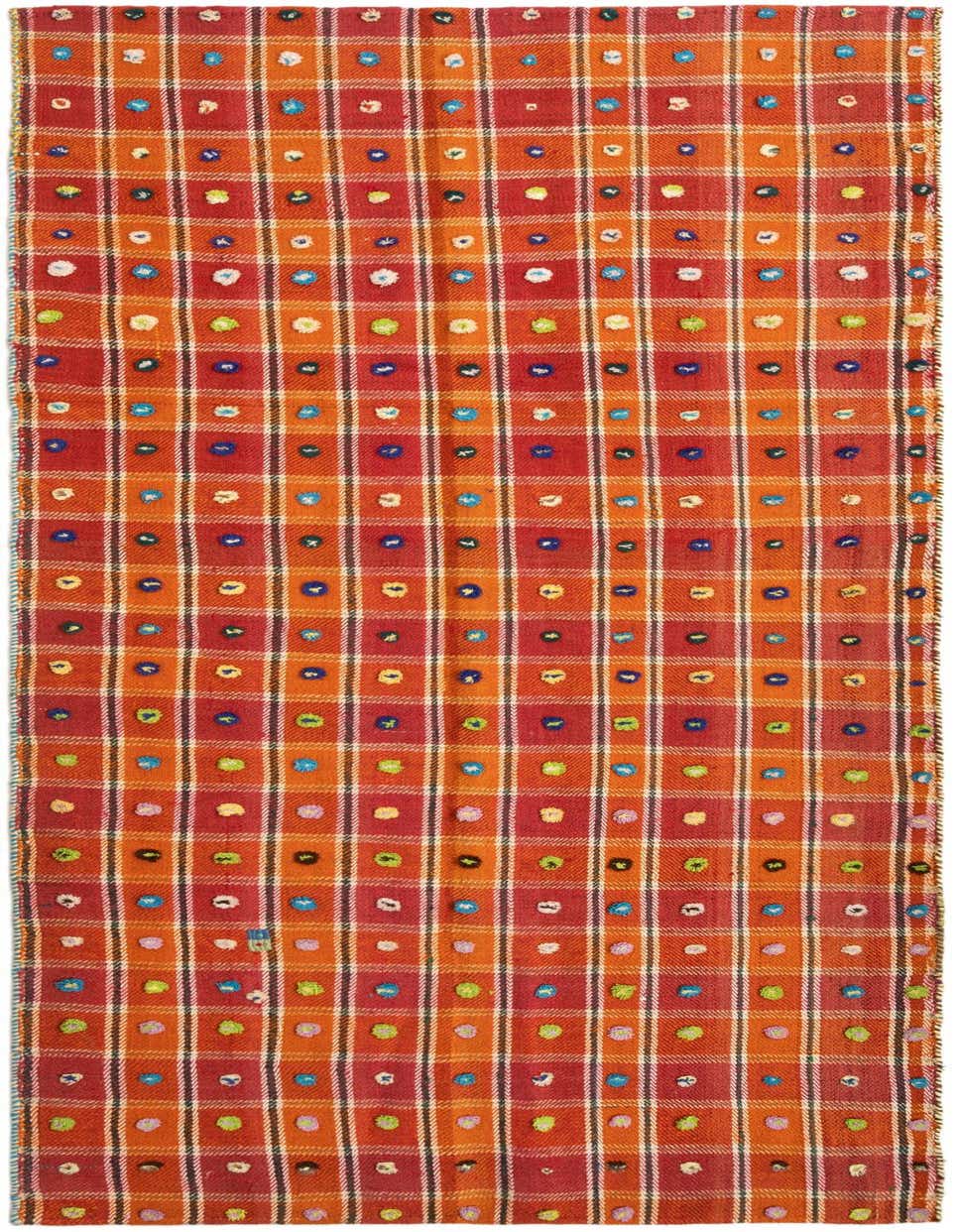 A handmade 8 ft runner rug with an orange and red plaid pattern, featuring colorful polka dots in each square.