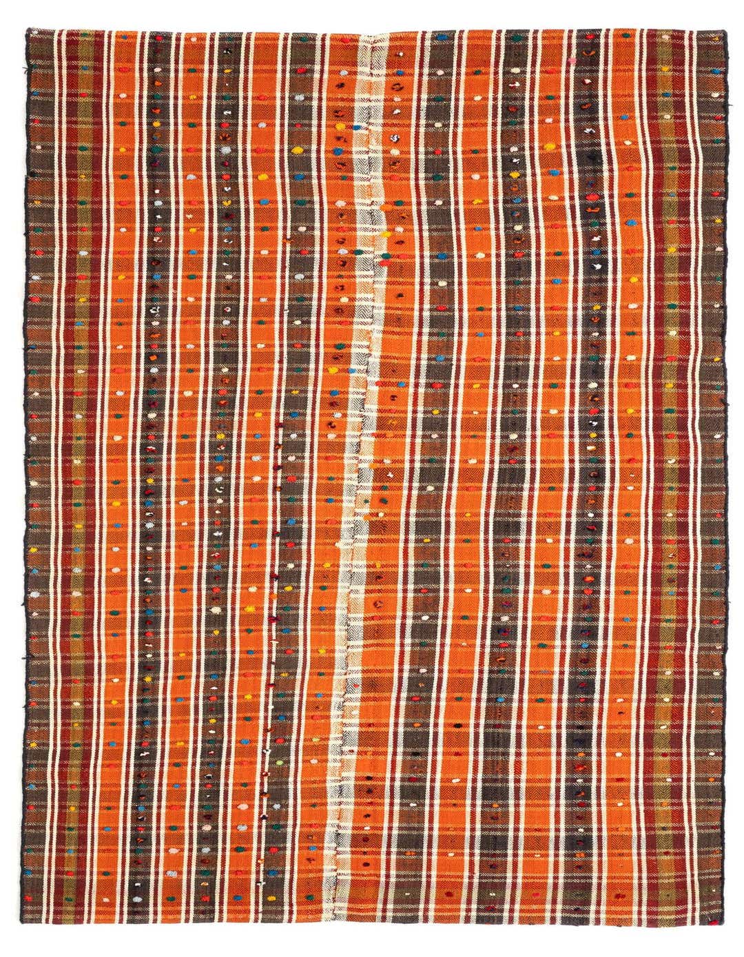 A vibrant 8 ft Jajim runner rug with vertical stripes in orange, brown, and red, accented with colorful dots.