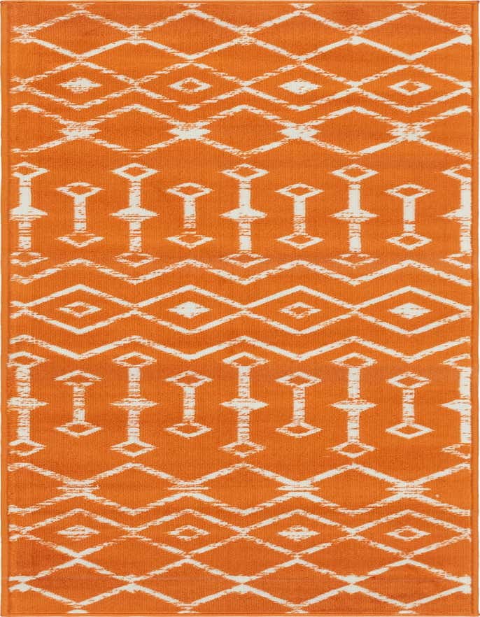 A 7 ft orange runner rug with a modern tribal trellis pattern in white, ideal for a hallway.