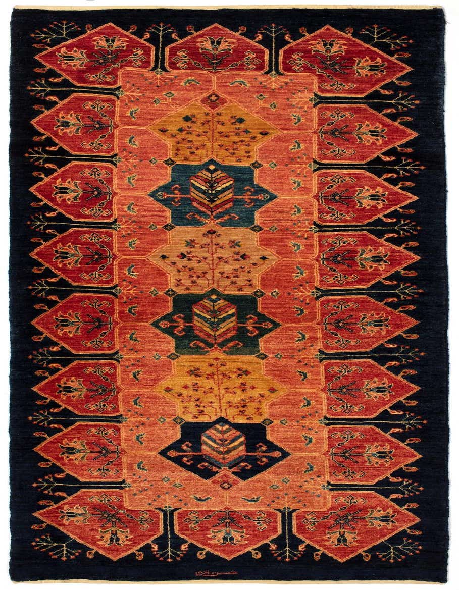 A 7 ft Kashkuli runner rug with a rich Persian pattern in oranges, red, and navy blue, ideal for a hallway.