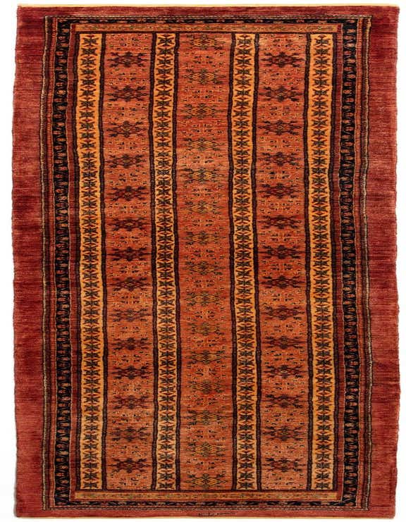 A 10 ft runner rug in shades of orange with traditional Persian patterns and black and gold accents, ideal for a hallway.