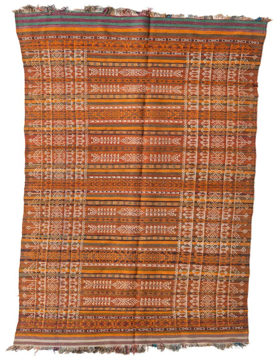 A vibrant 11 ft runner rug, the Kilim Fars features a tribal Persian pattern in various shades of orange, brown, and cream with colorful fringes.