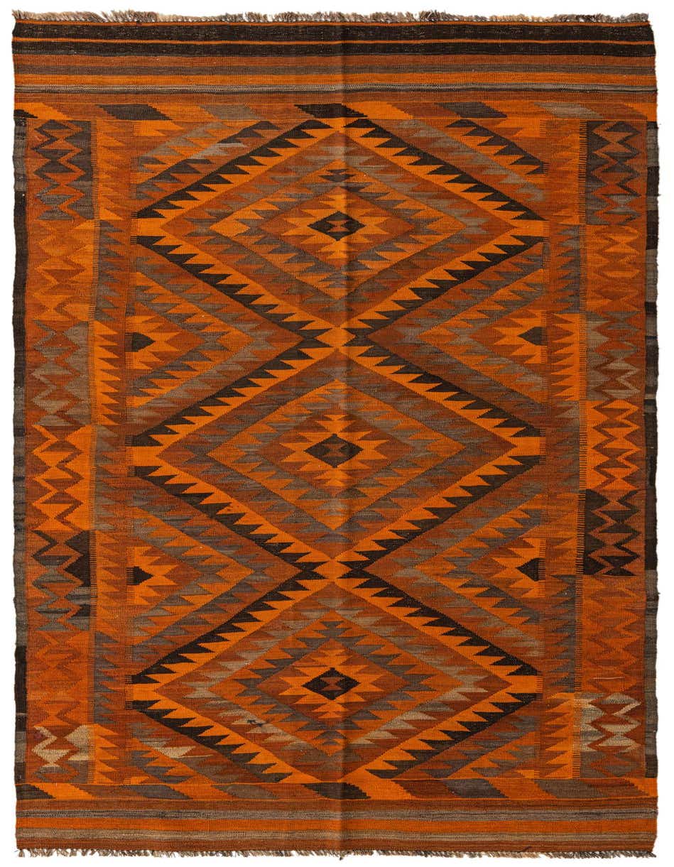 A 10 Ft Kilim Fars runner rug in vibrant orange, brown, and black with a bold geometric tribal pattern.