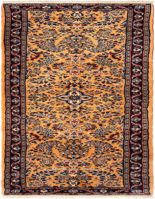 A 10 Ft Liliyan runner rug in orange with intricate Persian tribal floral patterns and a dark border, ideal for a hallway.