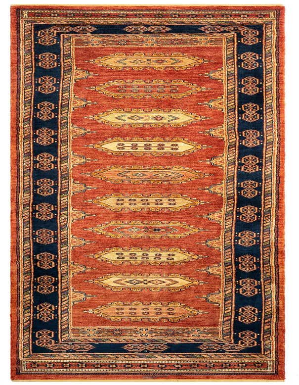 A 10 ft orange and navy blue Persian runner rug with intricate geometric patterns, ideal for a hallway.