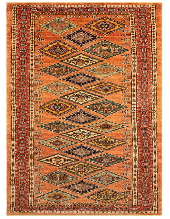 A 10 ft orange wool runner rug with a traditional Persian design, featuring a central row of colorful diamond medallions and a red patterned border, ideal for a hallway.