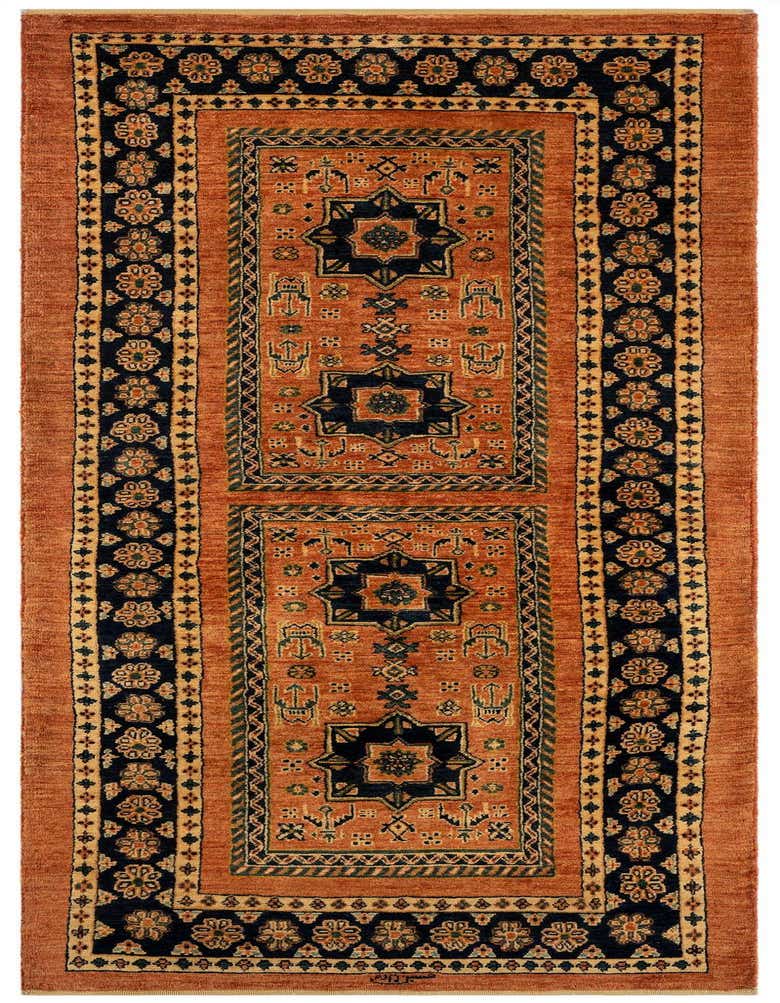 A 7 ft runner rug in orange with a traditional Persian pattern, featuring a dark blue border with floral motifs and geometric designs.