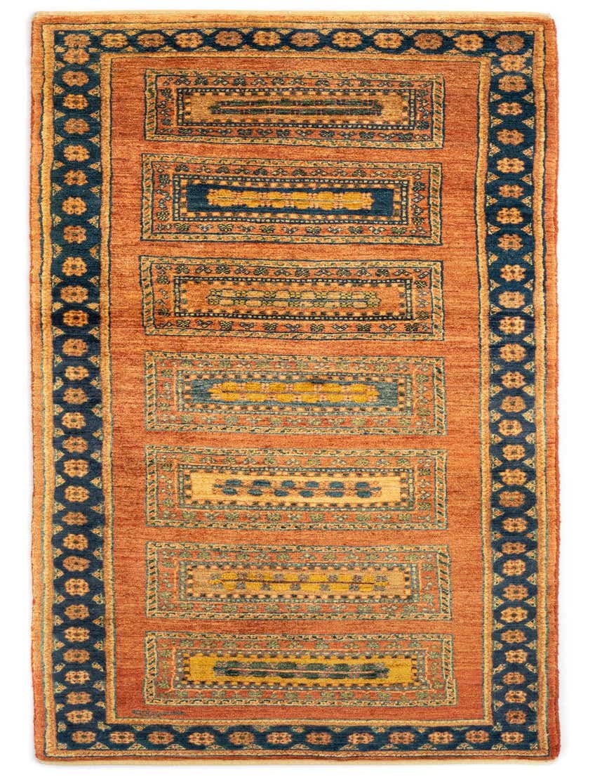 A 7 ft runner rug featuring a rich orange field with traditional Persian patterns in navy blue and gold, ideal for a hallway.